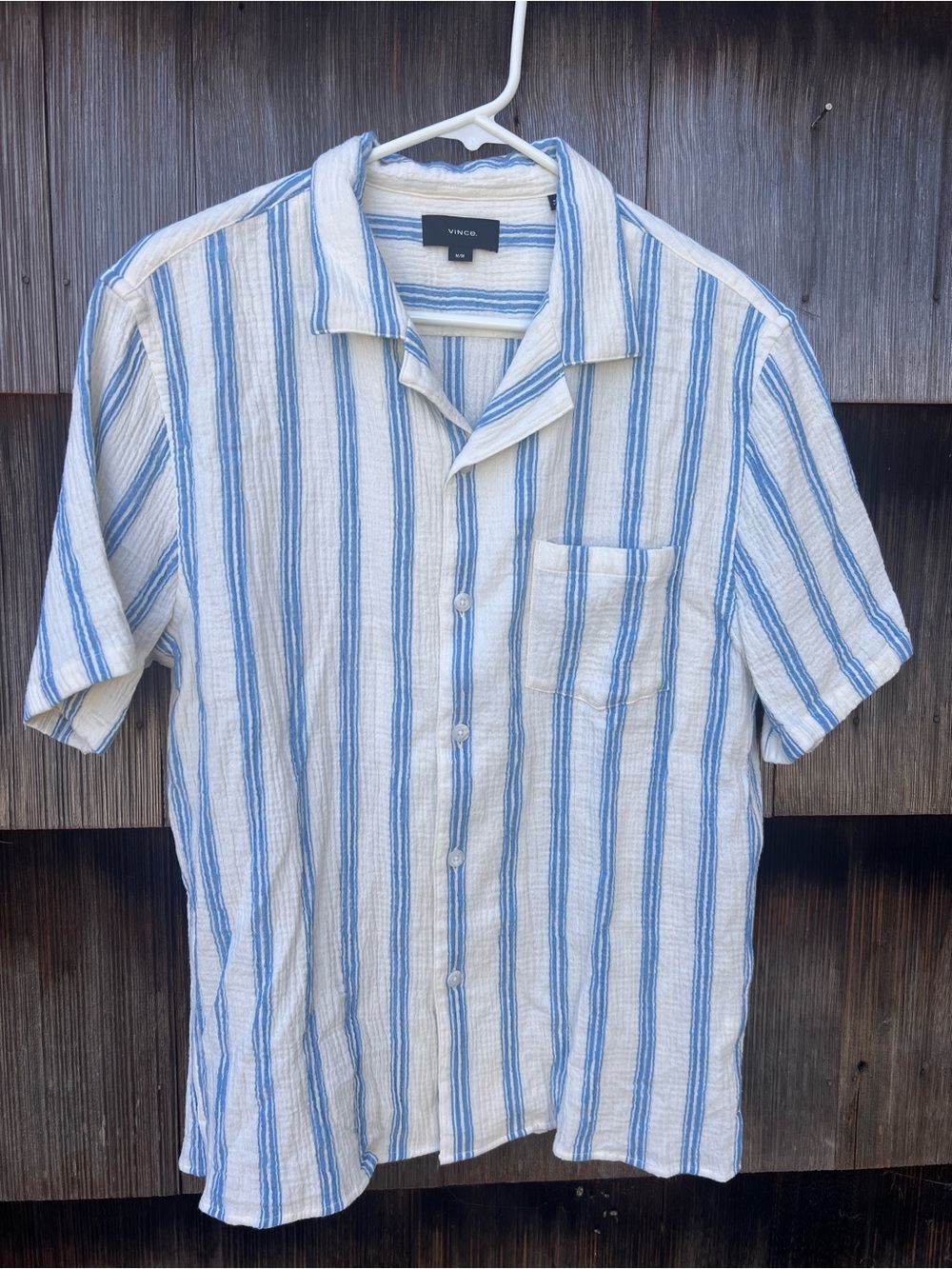 Vince White and Light Blue Striped Short Sleeve Button-Down Shirt